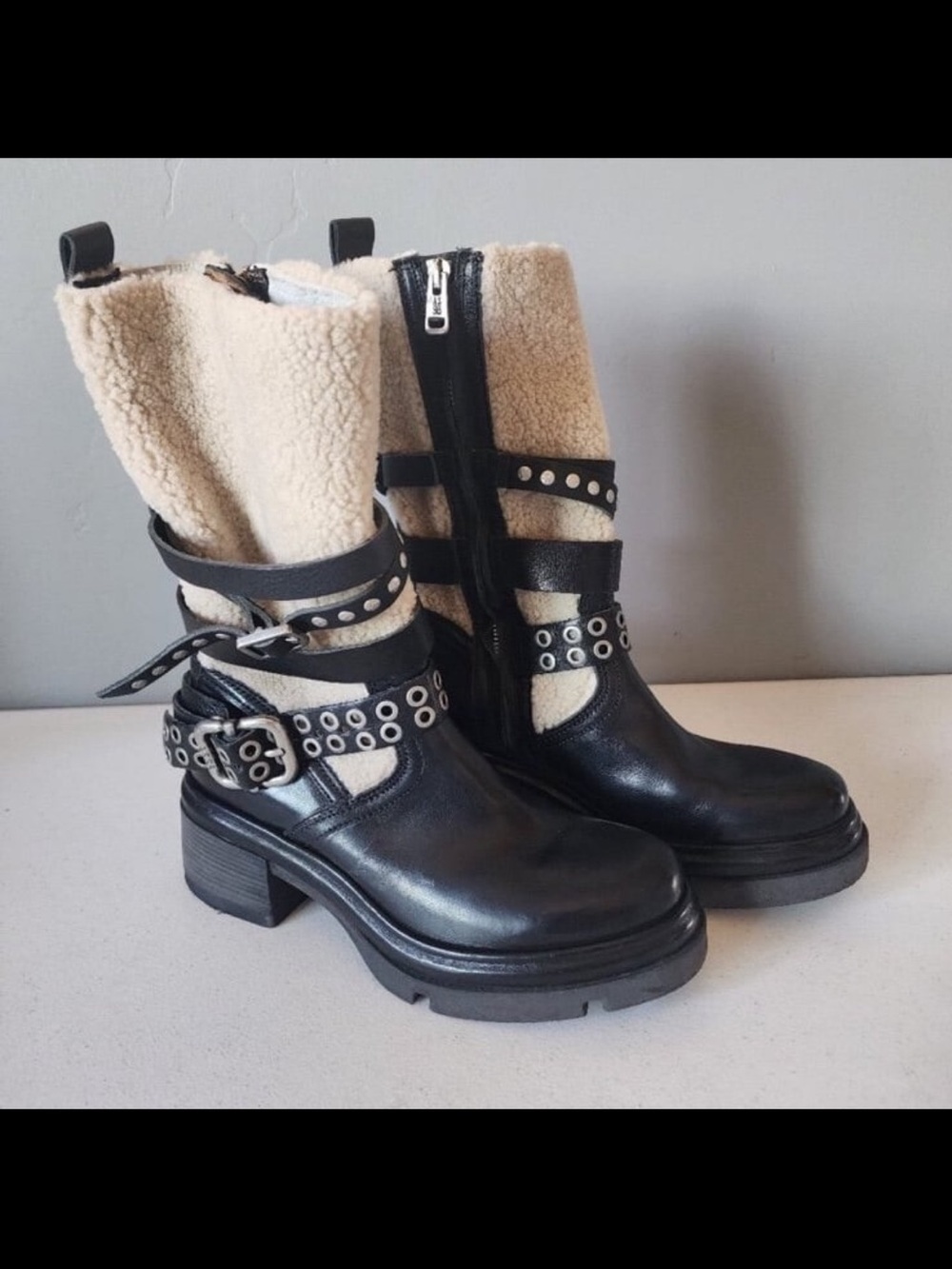 A.S.98 Emmons Shearling & Black Leather Moto Boots w/ Buckle Straps, Biker, 8.5 - Picture 7 of 12